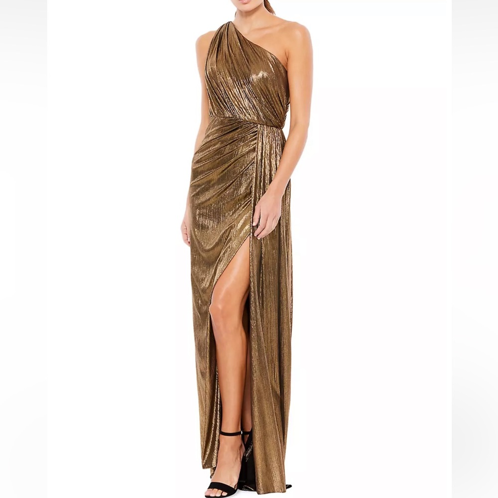 Max Duggal Ieena Metallic Draped One Shoulder Grecian Dress Gown. Size 6.